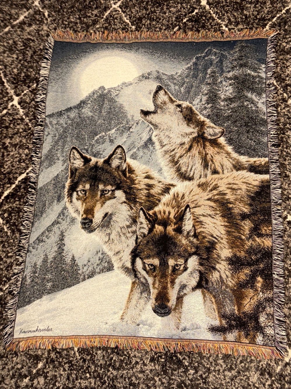 VTG 3 Wolves Wolf Pack Mountain Wild Nature Tapestry Throw Blanket Fringe